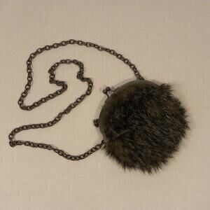 Brown Hairy Round Mini Bag Purse Cross Body Chain Handle Purple Lining by Icing